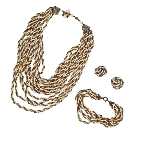 Vintage Multi-Strand Gold & White Beaded Necklace Bracelet & Clip-On Earring Set - Picture 1 of 8